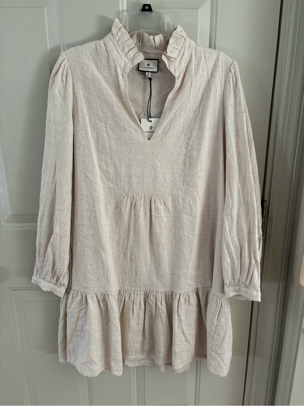 NWT Tuckernuck Linen Palmerston Dress Soft, Cream Ruffle-Trim Long Sleeve Dress